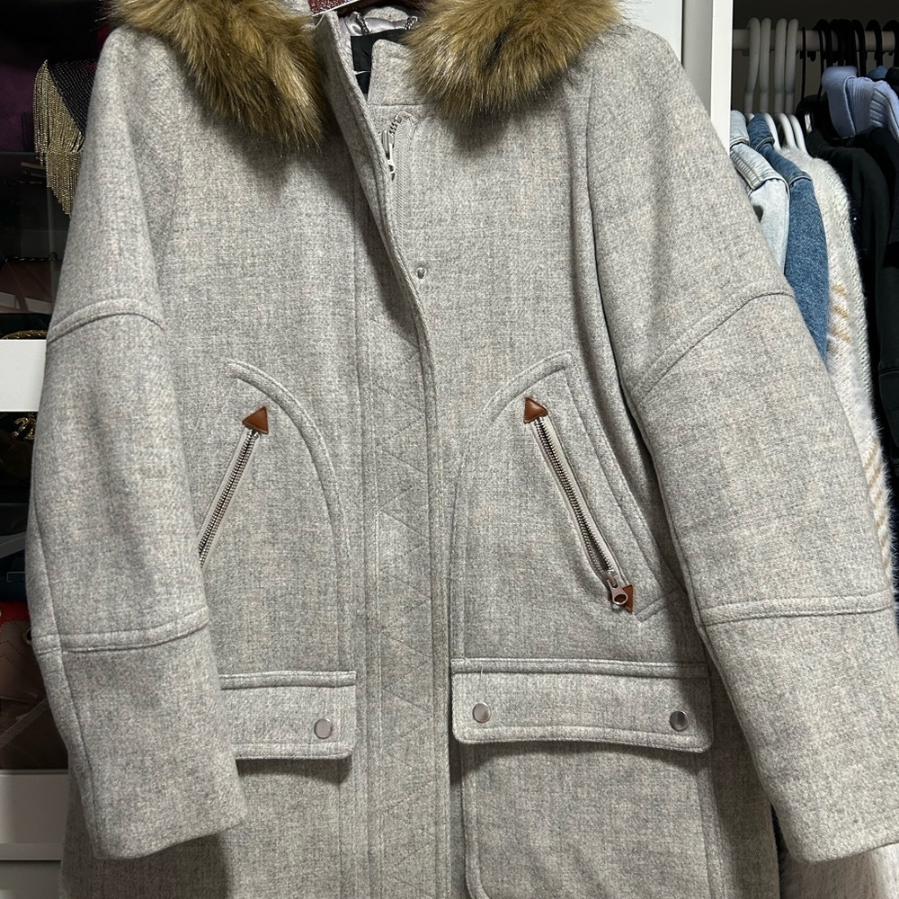 Women's J Crew Gray Coat with Faux Fur Collar